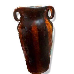 Pier 1 Brown & Amber Hand Blown 11 3/4" Heavy Cased Glass Murano Style Art Vase